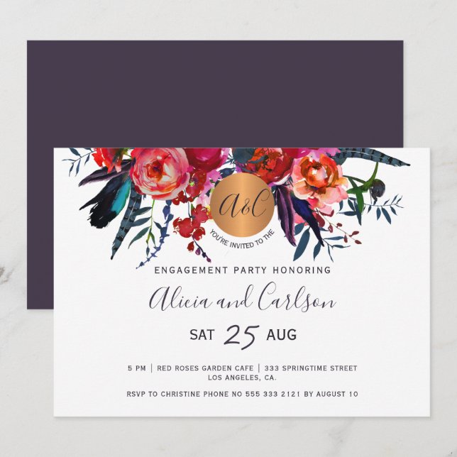 Invitation Élégant groupe d'engagement en monogramme de la ma (Devant / Derrière)