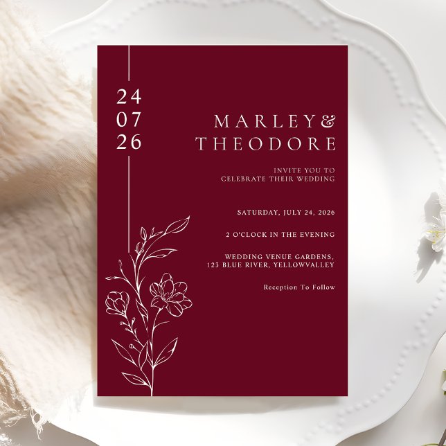 Invitation Elegant Hand Drawn Floral Burgundy Wedding (Créateur téléchargé)