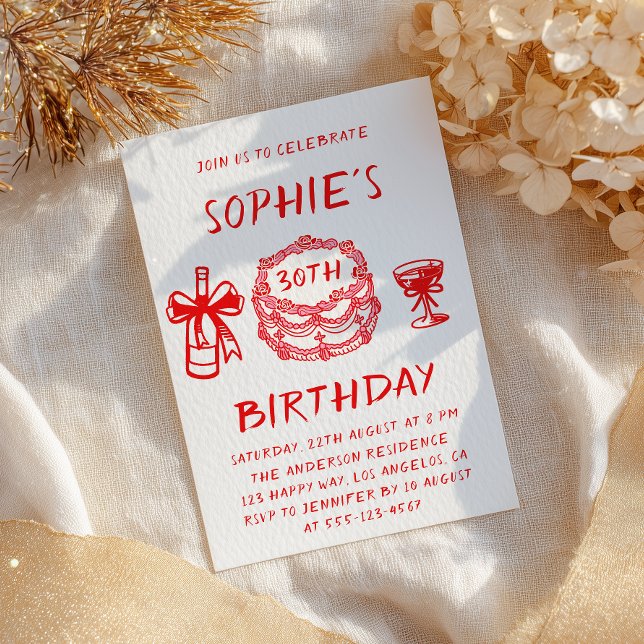 Invitation Elegant Hand Drawn Red Cake 30th Birthday (Créateur téléchargé)