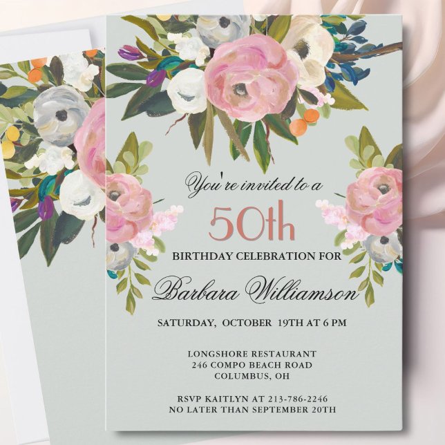 Invitation Elegant Handpainted Floral 50th Birthday Party  (Créateur téléchargé)