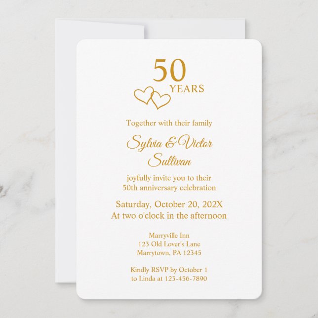 Invitation Elegant Heart Golden 50th Wedding Anniversary (Devant)