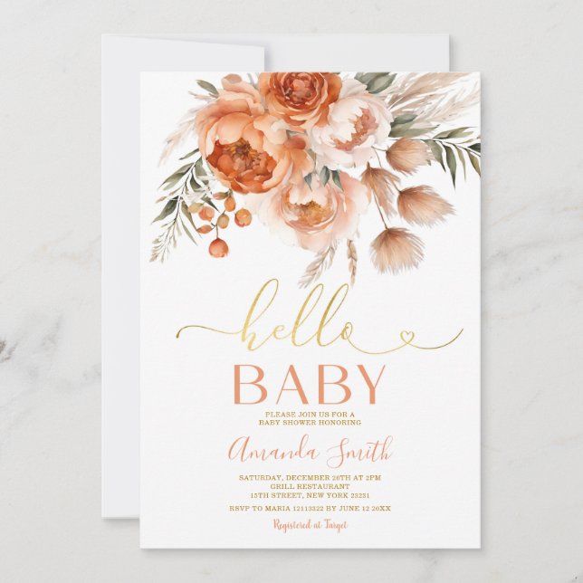 Invitation Élégant Hello Baby Burnt Orange Floral Baby shower (Devant)