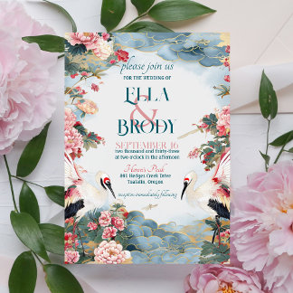 Invitation Elégant Heron Peonies avec Mariage photo personnal