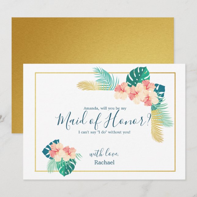 Invitation Elégant Hibiscus hawaïen Be My Maid of Honor Card (Devant / Derrière)