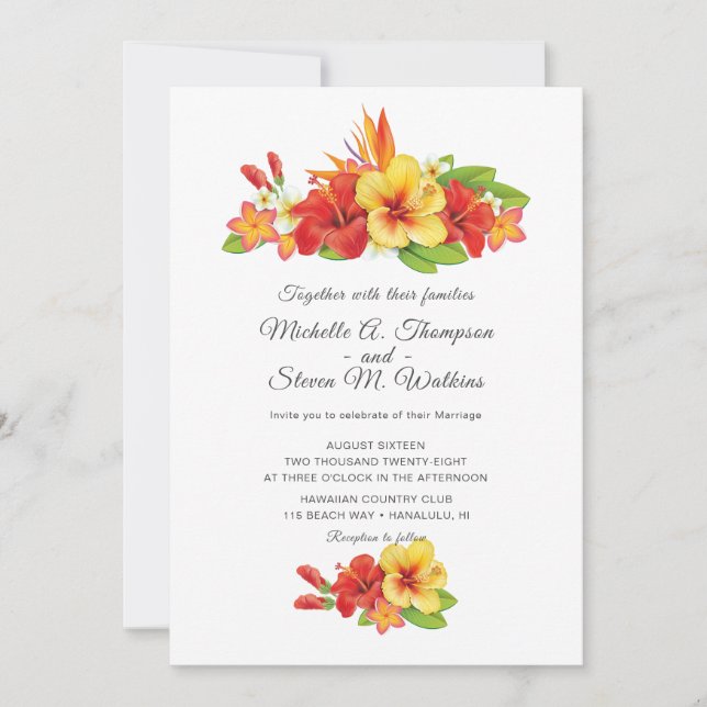 Invitation Élégant Hibiscus Mariage floral tropical (Devant)
