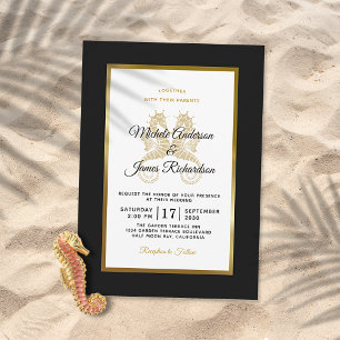 Invitation Élégant Hippocampes Dorés Mariage Tropical Moderne