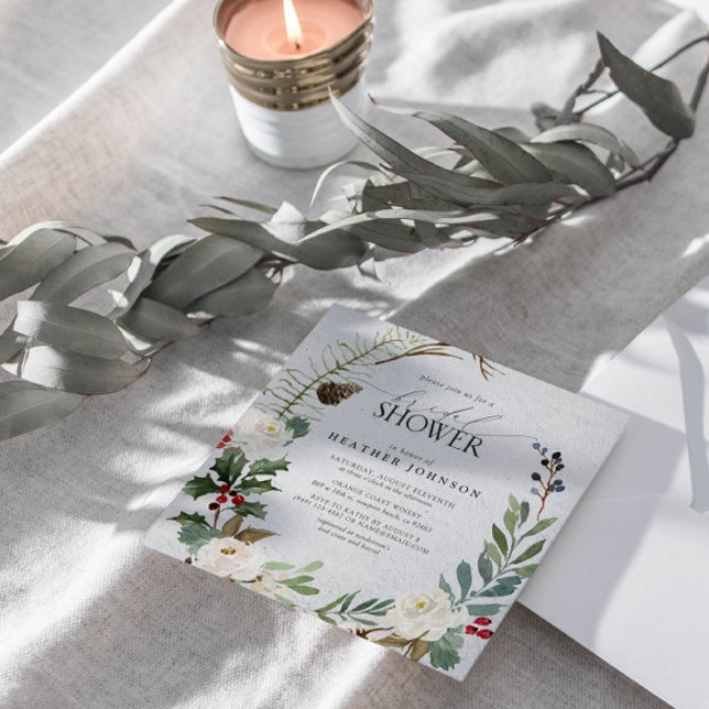 Invitation Elégant hiver Aquarelle Fête des mariées verte (Join us in a wonderland of botanical bliss to shower the bride-to-be.)
