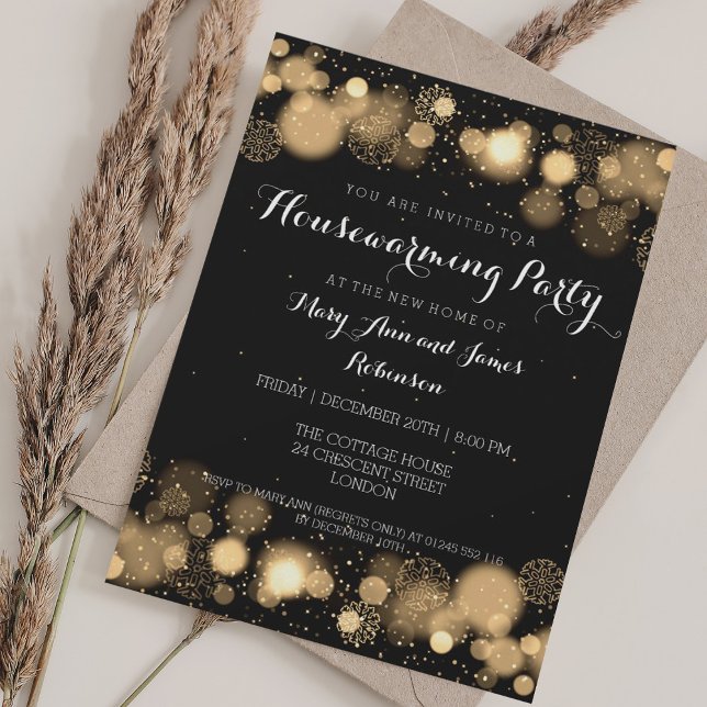 Invitation Élégant Hiver Fête de réchauffement de la maison O (Elegant Winter Housewarming Party Gold Invitation)