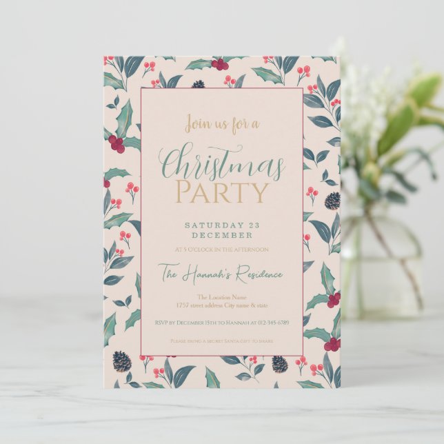 Invitation Elégant hiver floral aquarelle Noël (Debout devant)