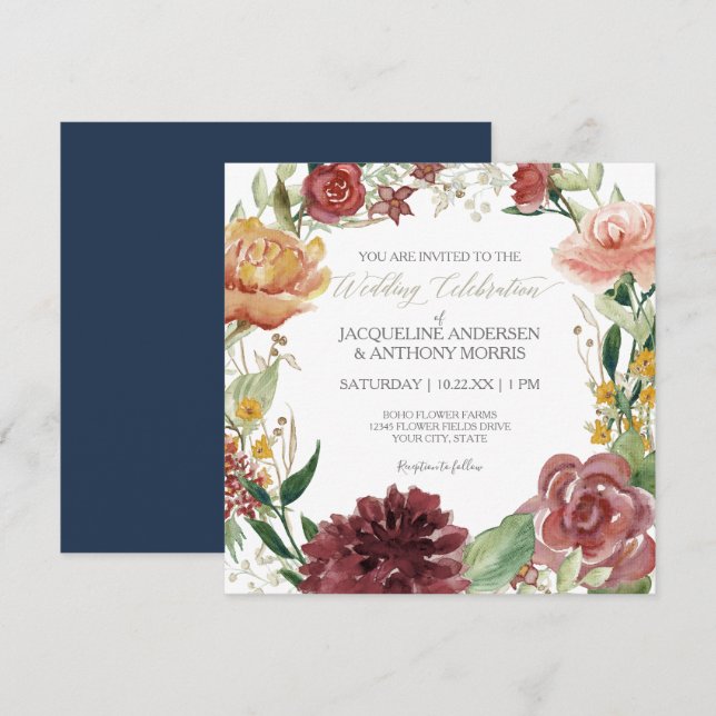 Invitation Elégant hiver Floral Mariage Marine Rouge Blush Ro (Devant / Derrière)