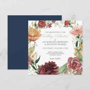 Invitation Elégant hiver Floral Mariage Marine Rouge Blush Ro