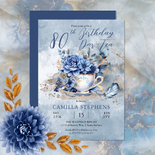 Invitation Elégant Hiver Floral Teacup 80e Anniversaire Par-T