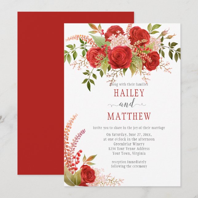 Invitation Elégant hiver Roses rouges et Mariage verdoyant | (Devant / Derrière)