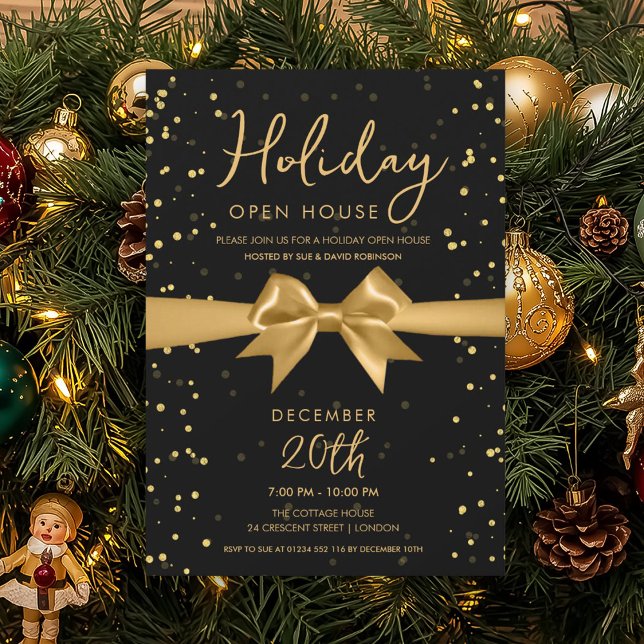 Invitation Elegant Holiday Open House Gold Bow Black (Elegant Holiday Open House Gold Bow Black Invitation)