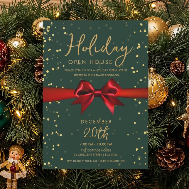 Invitation Elegant Holiday Open House Red Bow Green  (Elegant Holiday Open House Red Bow Green Invitation)