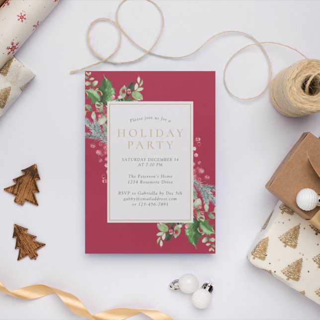 Invitation Elégant Holly Berries Verdure Red Holiday Party (Créateur téléchargé)