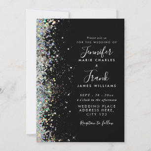 Invitation Élégant Holographe Glitter Étincelle Noir Mariage