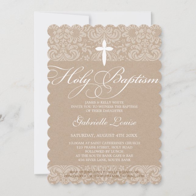 Invitation ÉLÉGANT HOLY BAPTISM élégant damask script kraft (Devant)