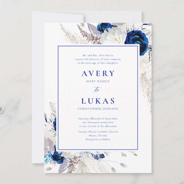 Invitation Elégant Horizon bleu & blanc Mariage floral Invita (Devant)