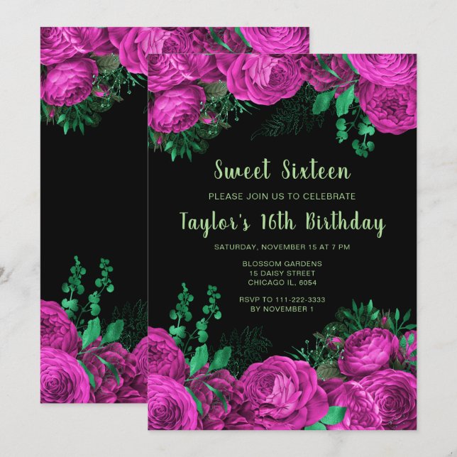 Invitation Elegant Hot Pink Flowers Sweet Sixteen (Devant / Derrière)