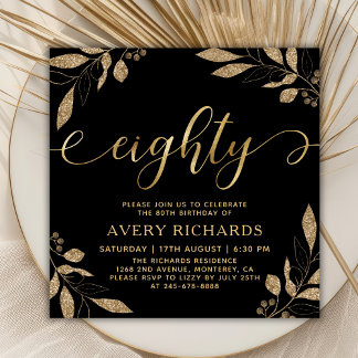 Invitation Elégant huit Gold Script noir 80e anniversaire