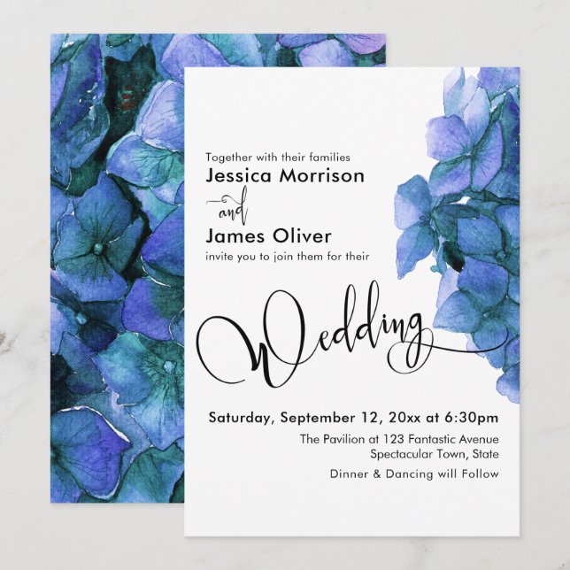Invitation Élégant Hydrangea Bleu Aquarelle Mariage Script (Devant / Derrière)