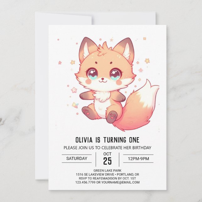 Invitation Elégant Imaginaire Fox 1er anniversaire (Devant)