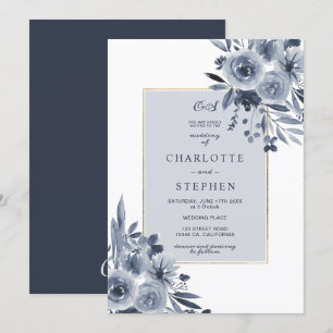 Invitation Elégant indigo bleu floral aquarelle or mariage