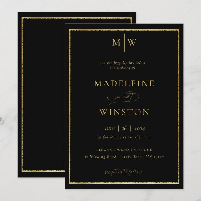 Invitation Élégant Initiales Formelles Modernes Noir Mariage  (Devant / Derrière)