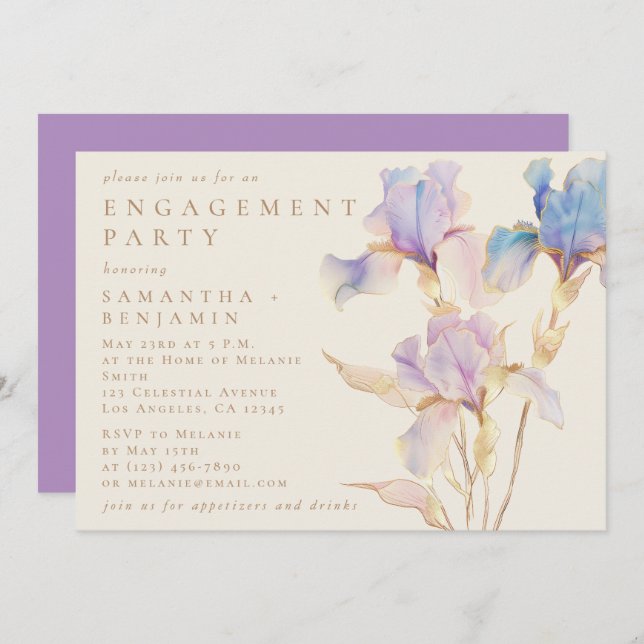 Invitation Élégant Iris Floral Engagement Party (Devant / Derrière)