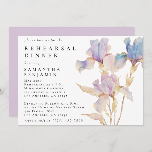 Invitation Elégant Iris Floral Mariage Dîner de répétition (Devant / Derrière)