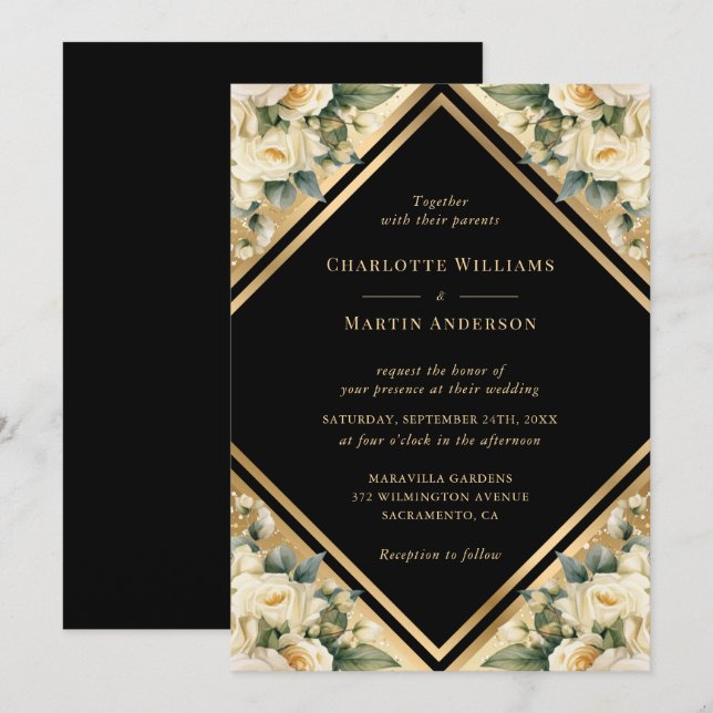 Invitation Élégant Ivoire Noir Or Mariage géométrique Floral (Devant / Derrière)