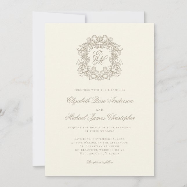 Invitation Elegant Ivory Ornate Monogram Crest Wedding (Devant)