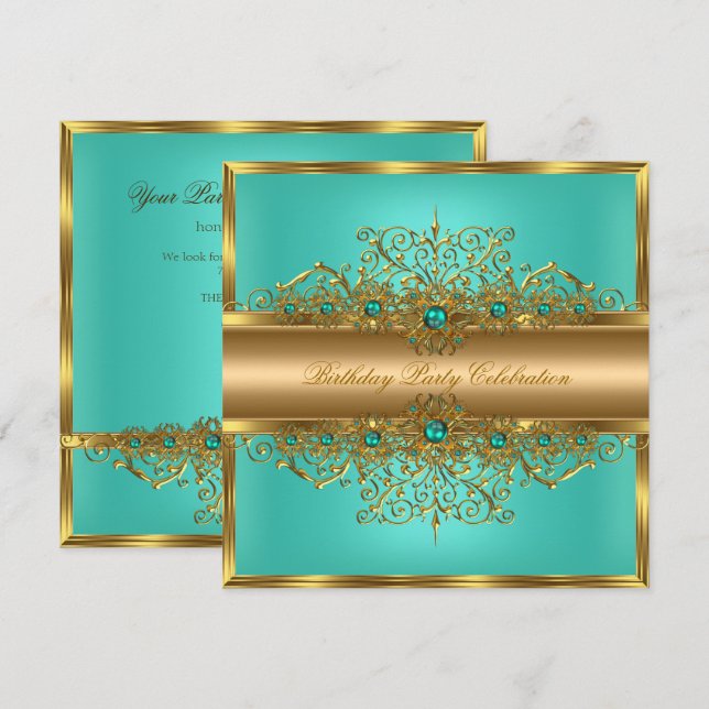 Invitation Elégant Jade d'or perles Turquoises fête d'anniver (Devant / Derrière)