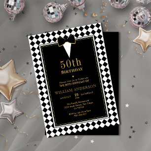 Invitation Élégant Jalon Noir & Or Age Tuxedo Anniversaire