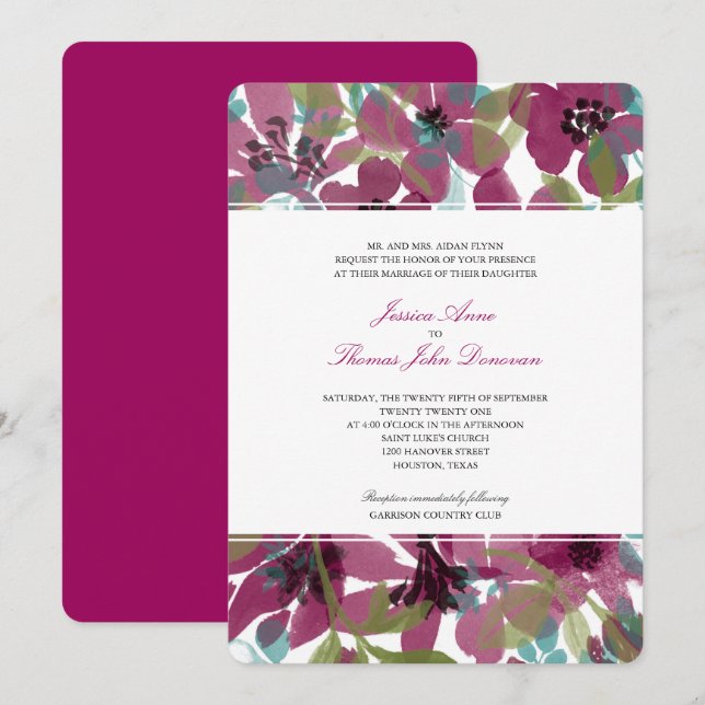 Invitation Elégant Jardin aux fleurs violettes | Mariage (Devant / Derrière)