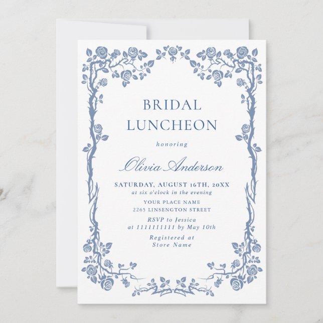 Invitation Élégant Jardin Bleu Français Jardin BRIDAL LUNCHEO (Devant)