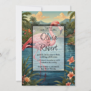 Invitation Elégant jardin boho tropical flamand rose rétro