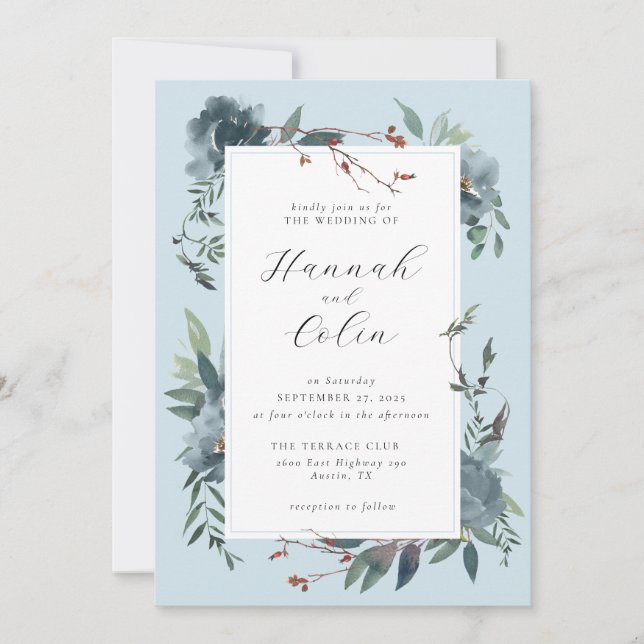 Invitation Elégant jardin botanique Dusty Blue Navy (Devant)