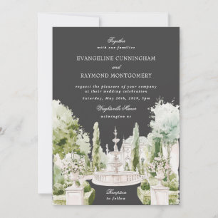 Invitation Élégant jardin de manoir à l'aquarelle grise pour 
