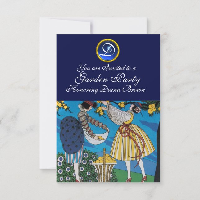 INVITATION ÉLÉGANT JARDIN D'ÉTÉ PARTI SAPPHIRE GEM MONOGRAMME (Devant)
