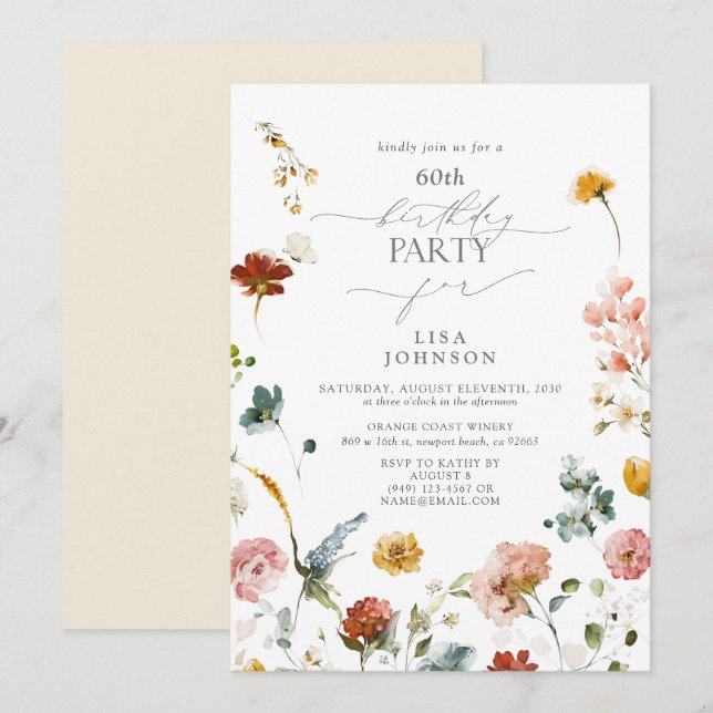 Invitation Elégant Jardin Fleurs Aquarelle 60e Anniversaire (Devant / Derrière)