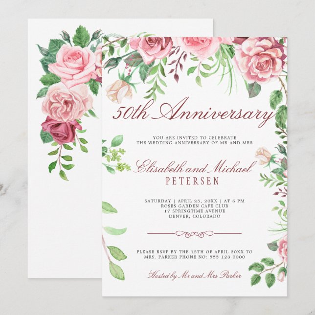 Invitation Elégant Jardin Floral 50e Anniversaire Mariage (Devant / Derrière)
