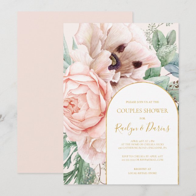 Invitation Elégant Jardin Floral Blush Pastel Couples Douche (Devant / Derrière)