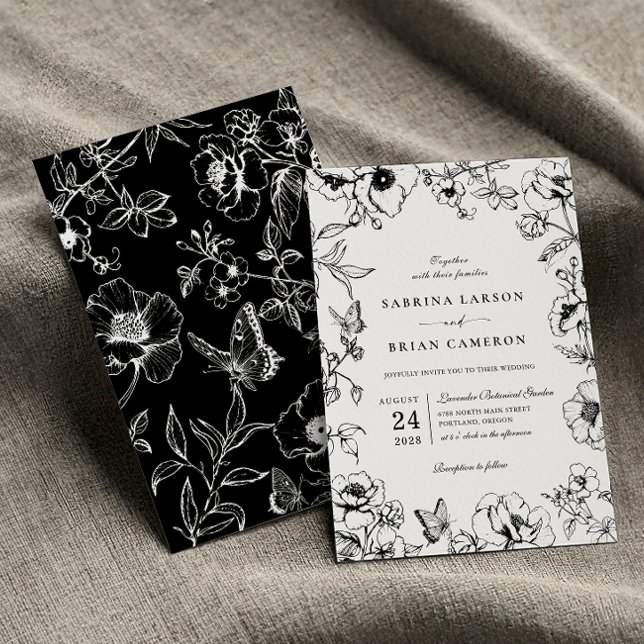 Invitation Elégant Jardin Floral Noir Et Blanc Mariage (Créateur téléchargé)
