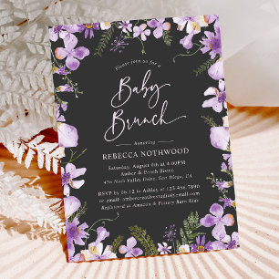 Invitation Elégant Jardin Floral Noir Violet Bébé Brunch