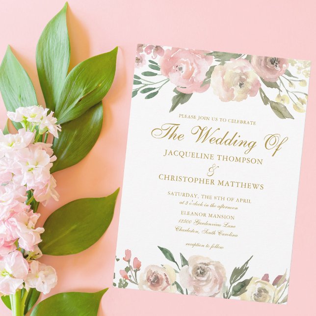 Invitation Elégant Jardin Floral Rose Pink Or Rose Bleu Noce (Créateur téléchargé)