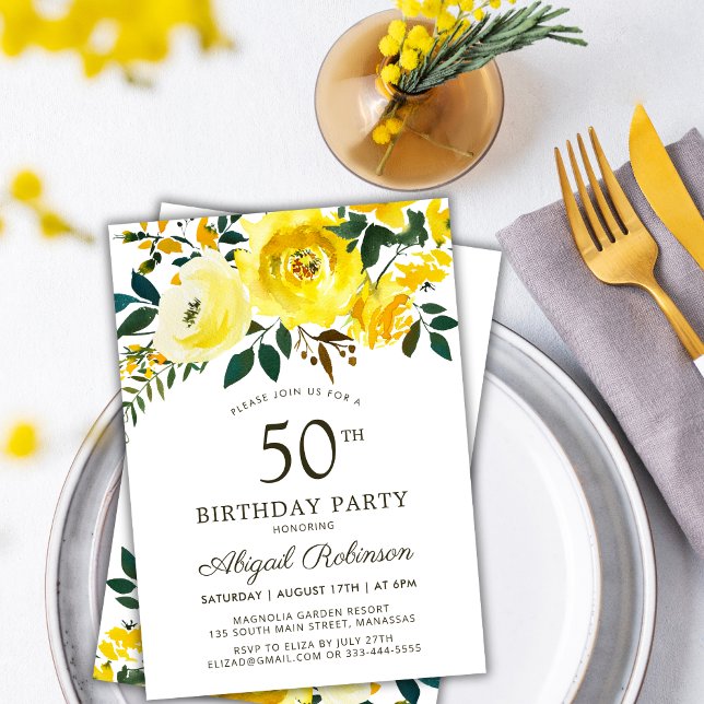 Invitation Elégant Jardin Jaune Rose Floral 50e Anniversaire (Créateur téléchargé)