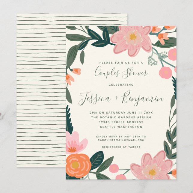 Invitation Elégant Jardin Rose Floral Couples Douche (Devant / Derrière)