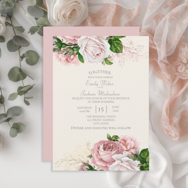 Invitation Elégant Jardin rose Rose Mariage de crème (Blush pink vintage floral wedding invitation)